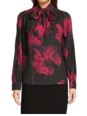 Calvin Klein Black Blouse with Fuchsia Floral Tie-Neck